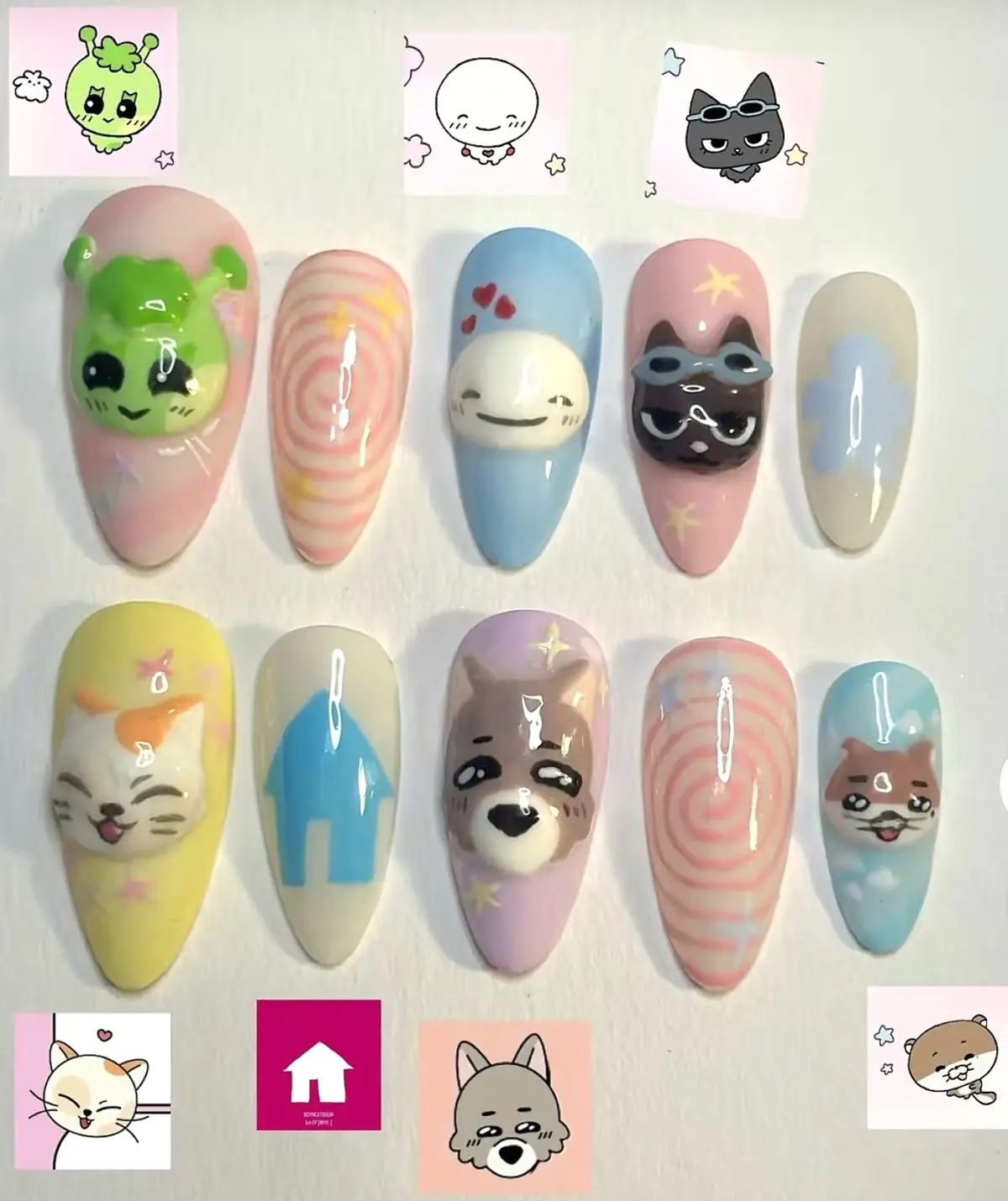 Kpop Boy Group Inspired Press On Nails OBOYNEXTDOORo Handmade 3D Cute Character House Theme Y2K Kawaii Stiletto Reusable Gel Nail Set with Nail Kit | Free Adhesive Tabs Nail File & Cuticle Stick