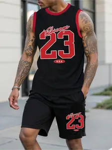 Men's Letter Print Sleeveless Basketball Vest & Shorts Set, Regular Fit Round Neck NBA Jersey & Shorts, Summer Clothes Set for Men, Sport Outdoor Clothing