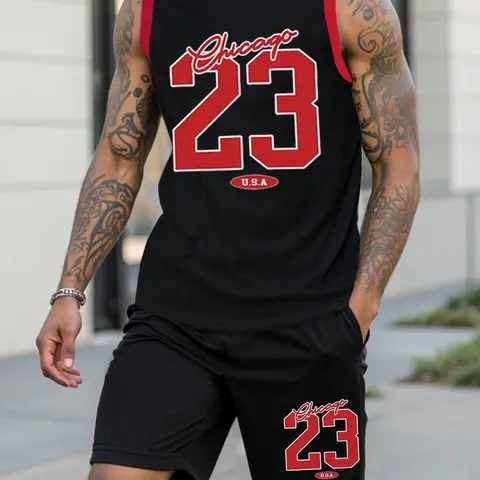 Men's Letter Print Sleeveless Basketball Vest & Shorts Set, Regular Fit Round Neck Basketball Jersey & Shorts, Summer Clothes Set for Men, Sports Wear