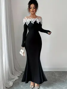 A fashionable black mesh patchwork lace dress for women, with mesh patchwork off the shoulder, slim fit to show off the figure, suitable for commuting to work, shopping and outdoor activities, indoor and outdoor dressing