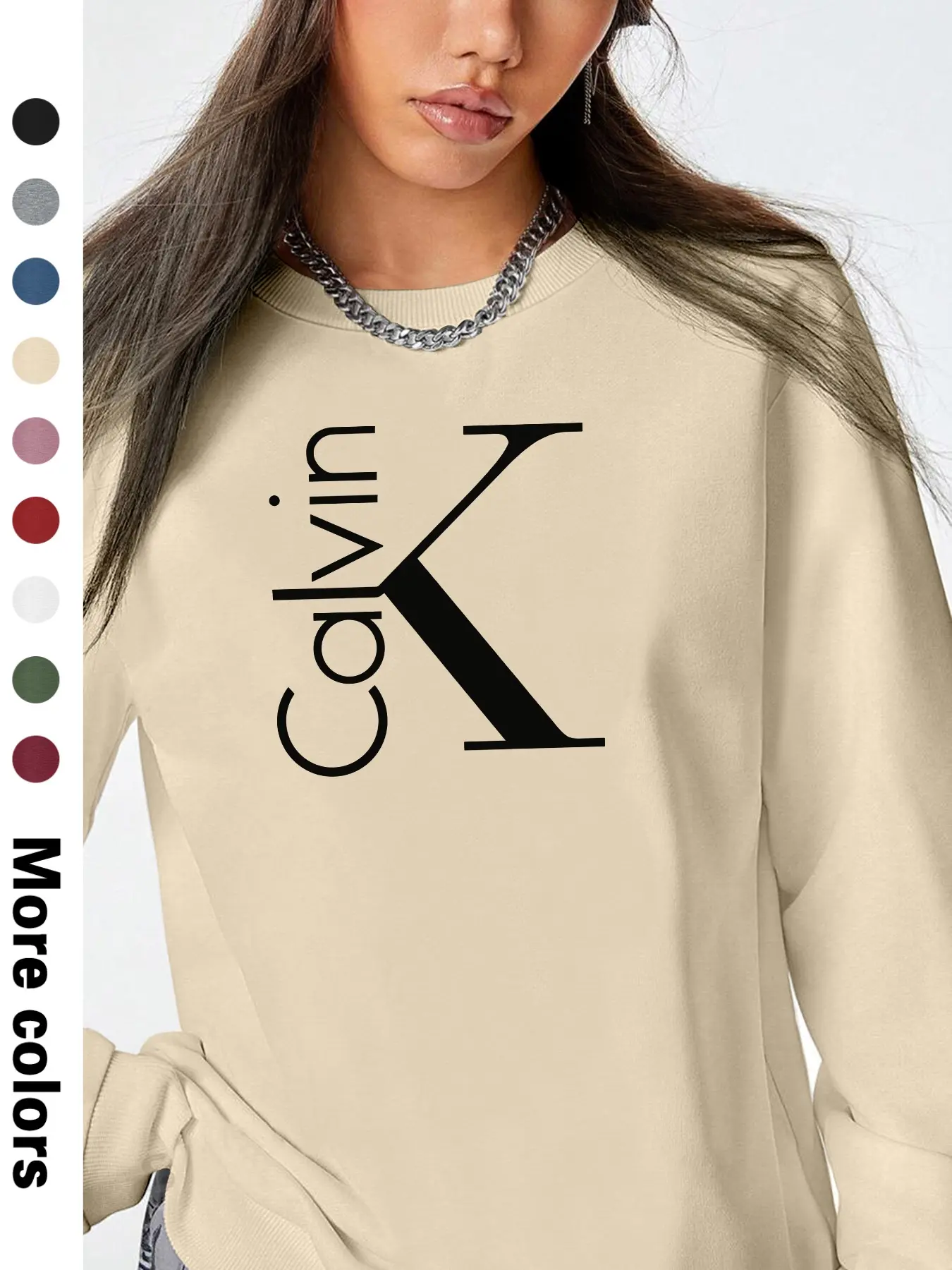 Calvin Letter Printed Casual Long Sleeve Pullover Sweatshirt, Round Neck Fitted Design, Fall & Winter Fashion, Available in 9 Colors