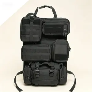 "Car Seat Back Organizer with Detachable Pouches - Vehicle Seat Storage Panel for Trucks, SUVs - 5-Piece Molle Pouch Set with US Flag Patch and Keychain - Tactical Backseat Accessories for Men"