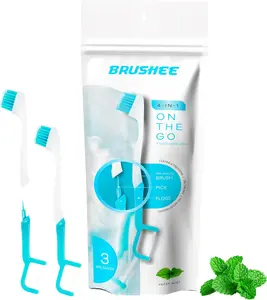Brushee - The Evolution of Oral Care | 4-in-1 Tool (Paste + Brush + Floss + Pick) | Individually Wrapped | Disposable | Prepasted Travel Toothbrushes | Small Adult Toothbrush - (3-Pack)