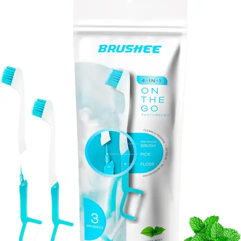 Brushee - The Evolution of Oral Care | 4-in-1 Tool (Paste + Brush + Floss + Pick) | Individually Wrapped | Disposable | Prepasted Travel Toothbrushes | Small Adult Toothbrush - (3-Pack)