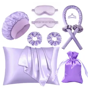 10 Piece Satin Sleep Hair Care Set, Includes Silk Pillowcases, Eye Masks, Bonnet, No Heat Curling Iron Band, Hair Ties, Storage Bag
