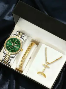 4-piece men's fashion Korean style dual calendar, wear-resistant and waterproof high-end Valentine's Day gift accessory set combination, versatile Stainless Steel Watches