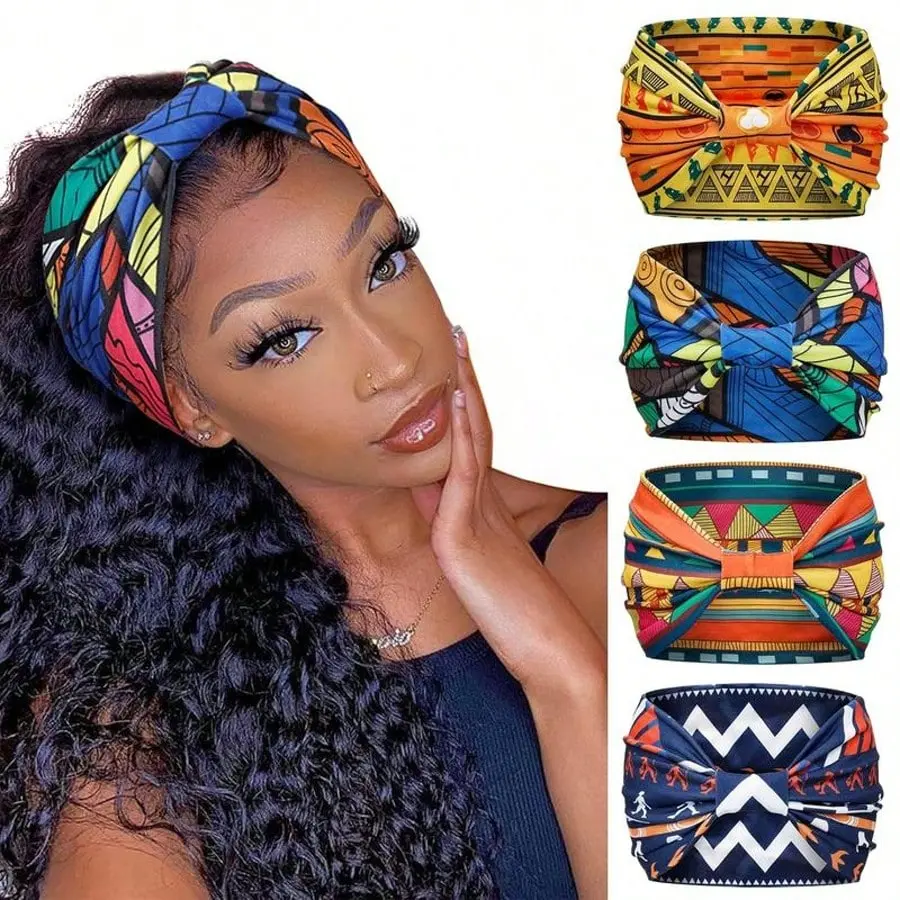 Pack of 4 Boho Wide Knotted Headbands for Women, Vibrant Geometric African Pattern Hair Wraps, Versatile Fashion Turban Bandanas, Stylish Elastic Hair Accessories for Sports, Daily Looks & Party Outfits