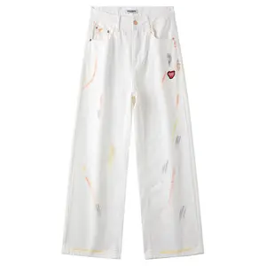 Y2K Paint Splatter Baggy Jeans| White Wide Leg Denim with Heart Patch| Streetwear Aesthetic