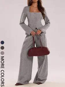 Unique Square Neck Single Button Blazer Set, Straight Leg Pants, Perfect for Spring Fall Winter Commuting, Versatile Suit Womenswear