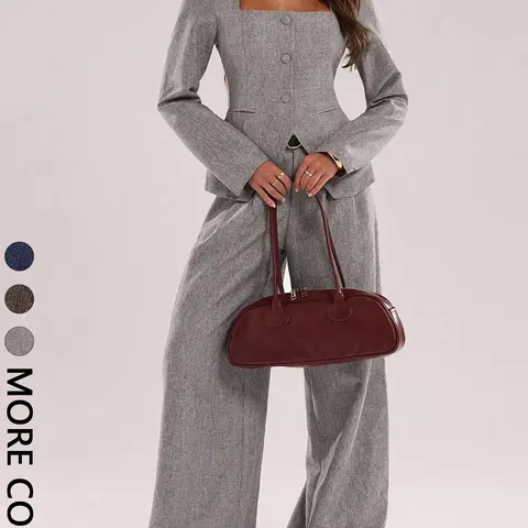 Unique Minimalist Square Neck Single Button Blazer Set Fit, Blazer and Pants, Long Sleeve, Straight Leg Pants, Perfect for Spring Fall Winter Commuting, Chic Elegant Versatile Suit Womenswear Outerwear