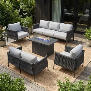 【4 Packages Shipping】LayinSun 5 Piece Outdoor Furniture Set with Fire Pit Table, Modern Rope Woven Patio Conversation Sofa Set with Olefin Braid and Deep Seating summervibes
