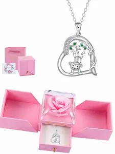 Cute Monkey Necklace Heart Pendant & Eternal Flower Rose Gift Box, Daily Wear Holiday Christmas Gift for Girlfriend Friend, Love Heart Necklace, Heart Shaped Necklace