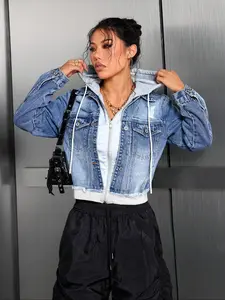 Women's Denim Jacket Coat, Casual Street Style Button Design, Pure Color Pocket Drawstring Detail, Fall & Winter Outerwear