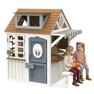 ALBOTT Kids Outdoor Wooden Playhouse with Kitchen Set, Durable Fir Wood Construction with Waterproof Roof & Rust-Resistant Hinges, Pretend Playhouse for 3–8 Years Old Boys & Girls