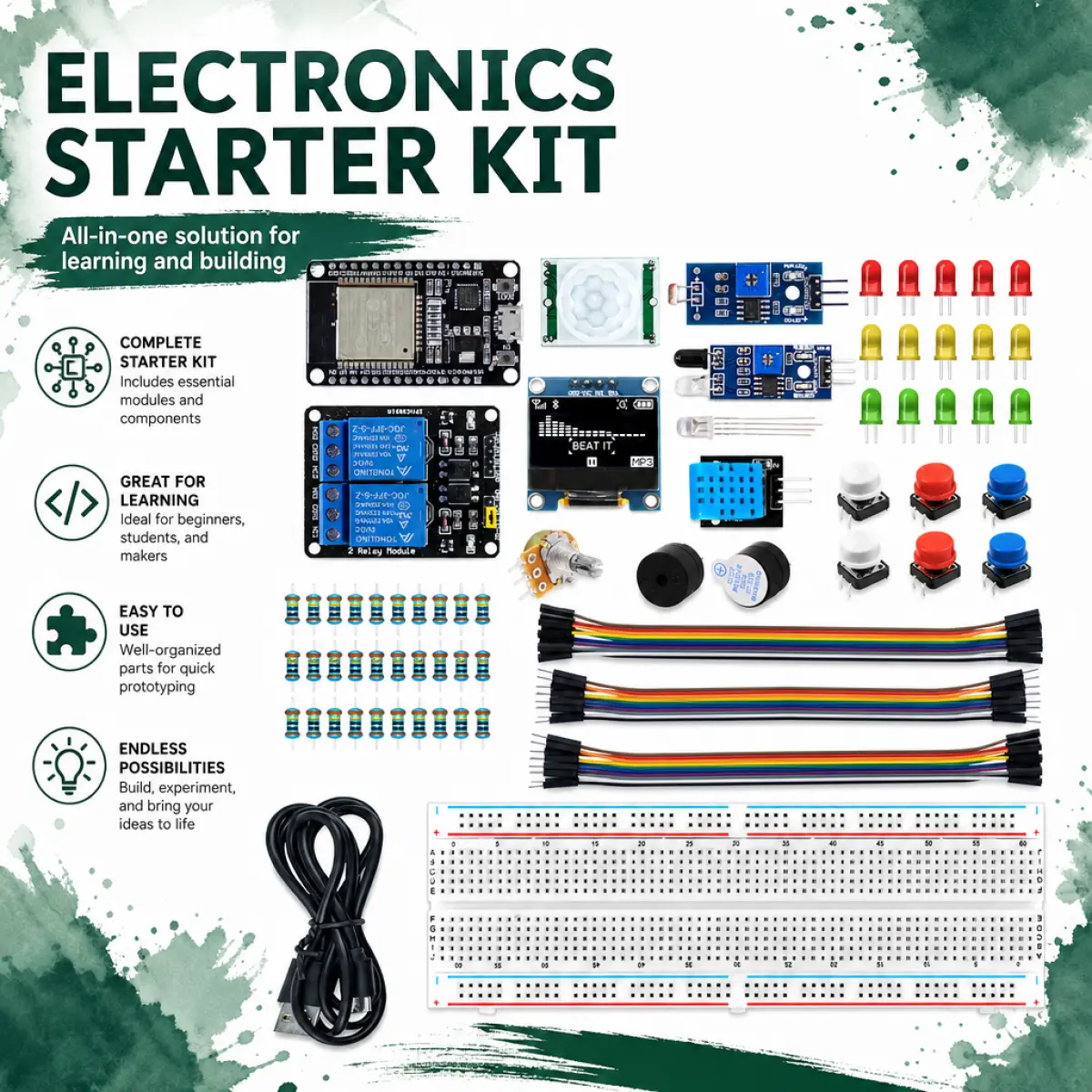 LAFVIN ESP32 Basic Starter Kit for Beginners with Tutorial, OLED Display, Sensors, Breadboard, Relay – No Experience Needed, Learn Coding & Electronics with Arduino IDE