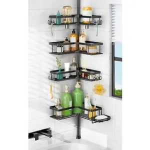 Shower Tension Pole: 4-Tier Corner Rustproof Organizer with Soap Holder & - No-Shower Shelf for Renters - Stand Rack - 47-123 Inch Black