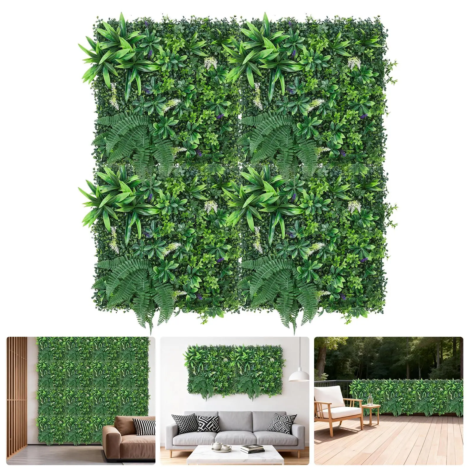 Realistic artificial green plant wall panels – Set of 4 plastic decorative mixed-leaf panels for indoor and outdoor use – Ideal for balconies, gardens, fences, or patios – 50x50cm – Specifications: 4 pieces