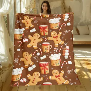 1pc Christmas Gingerbread Throw Blanket - Lightweight Flannel-like Soft Warm All-Season Blanket with Gingerbread Men, Candy Canes, Gifts - Brown/Red/White Holiday Decor for Couch, Bed, Travel, Camping - Perfect Christmas Gift Idea Soft Cozy Blanket