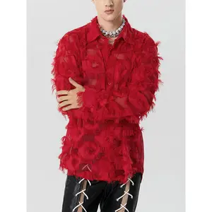 Men's Stylish Fuzzy Red Sheer Party Shirt with Turndown Collar & Single Breasted Design - Long Sleeve, Loose Fit for Casual Outings & Spring/Fall, Spring Fall Attire |   Trendy Wide Lapels |   Delicate Patterned Fabric