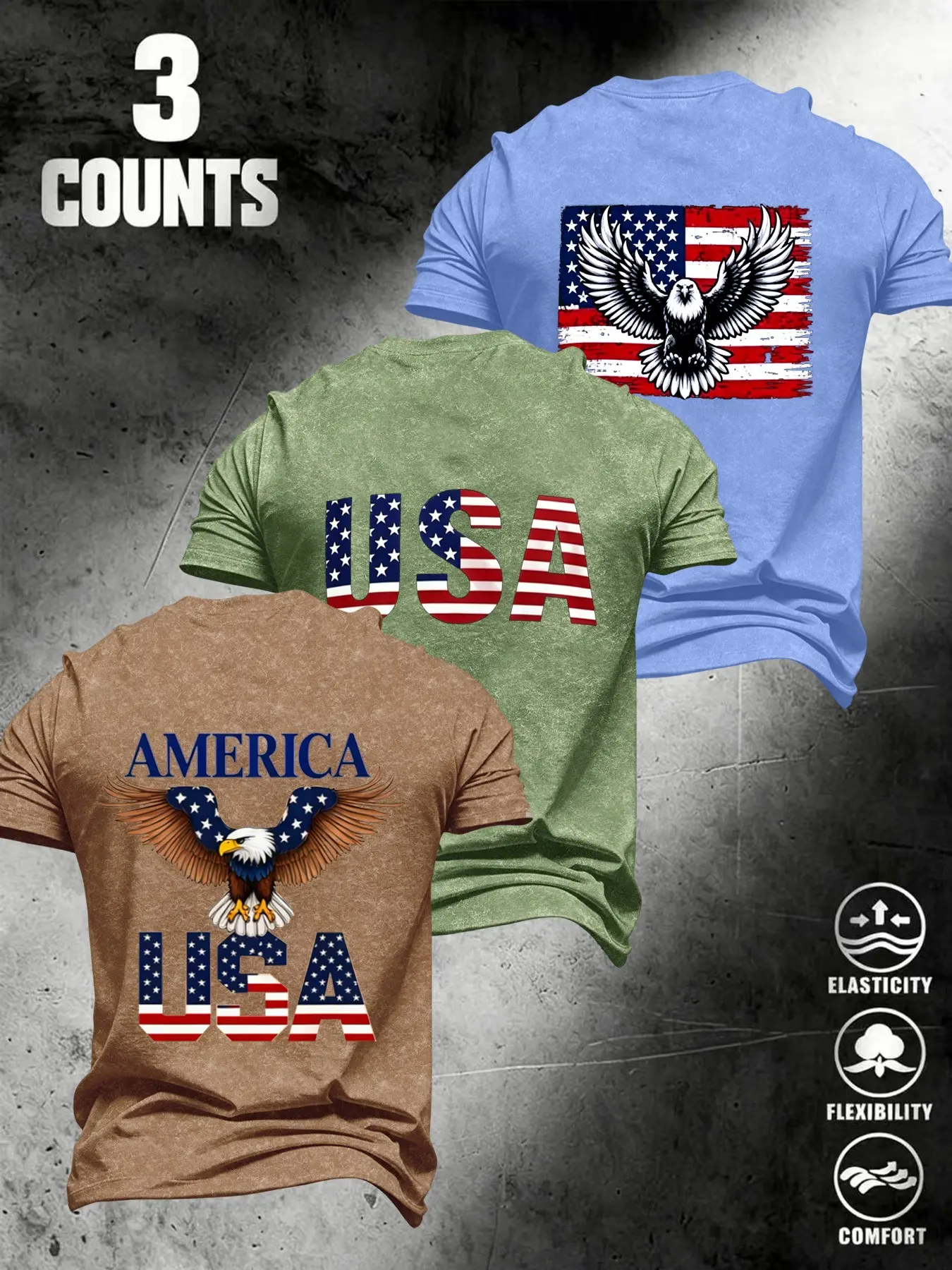 3-Pack Men's Loose-Fit Baggy Short Sleeve T-Shirts, Usa Flag Eagle Print, Street Style, Vintage Look, Patriotic Fashion, Casual Wear, Streetwear