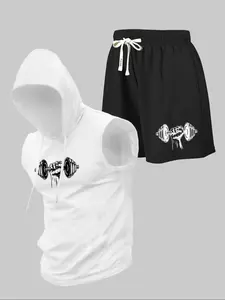 Two-piece Set Men's Dumbbell Print Hooded Tank Top & Drawstring Waist Shorts, Regular Fit Casual Street Short Sleeve Top & Track Shorts, Men's Summer Clothes, Tops Shorts Set, Casual Lounge Set
