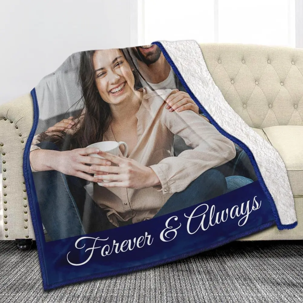 Custom Sherpa Fleece Blanket with Photos Text Soft Warm Fuzzy Custom Blanket Personalized Couples Gift for Boyfriend Girlfriend Customized