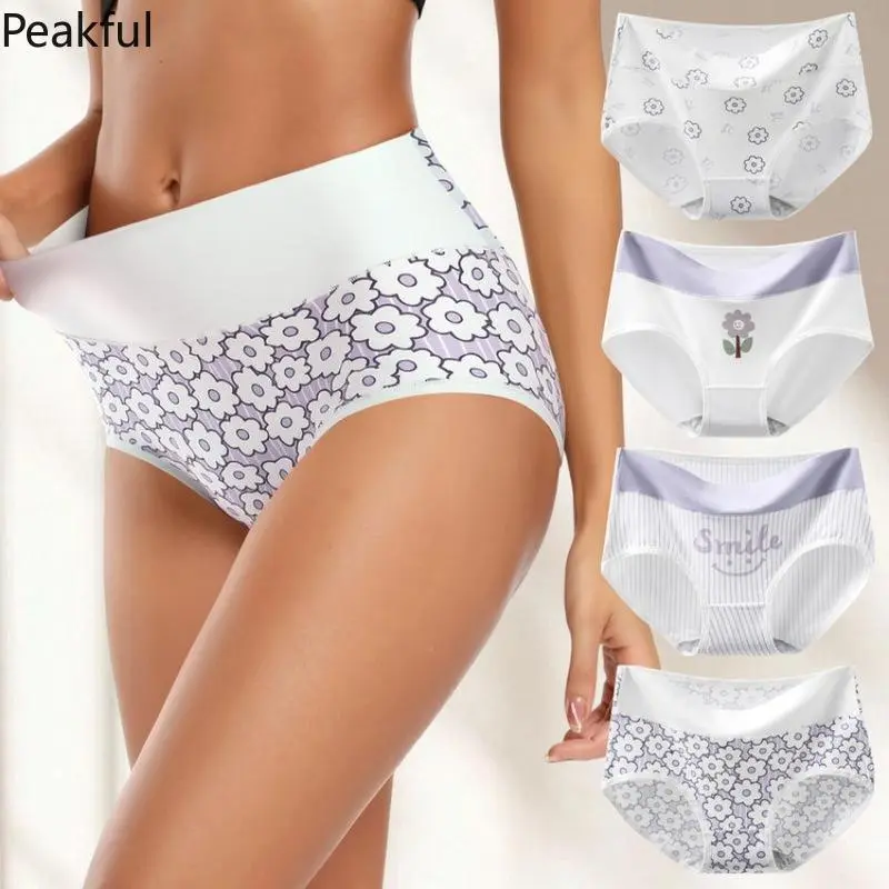 4 PCS Women’s High Waist Cotton Cheeky Panties with Floral Print Soft Breathable Stretch Fabric Comfortable Lightweight All-Season Underwear Stylish High Rise Design for Everyday Casual Wear Comfy Daily Lingerie Essentials