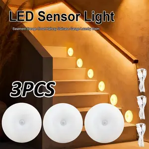 3-Piece LED Motion Sensor Night Light Set, Wireless Magnetic USB Rechargeable Stair Lights, Hallway Closet Garage Laundry Room
