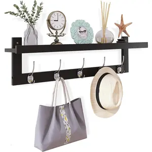 Coat Hooks with Shelf Wall-Mounted, 29.2 Inch Entryway Coat Rack for Wall,   Shelf with 5 Double Metal Hooks for Bathroom, Bedroom, Kitchen, Living Room, Mudroom (Black+)