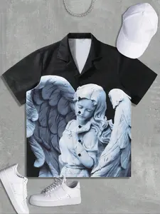 Men's Angel Print Short Sleeve Polo Shirt, Regular Fit Casual Fashion Comfy Top for Summer, Men's Clothes for Daily Wear, Menswear