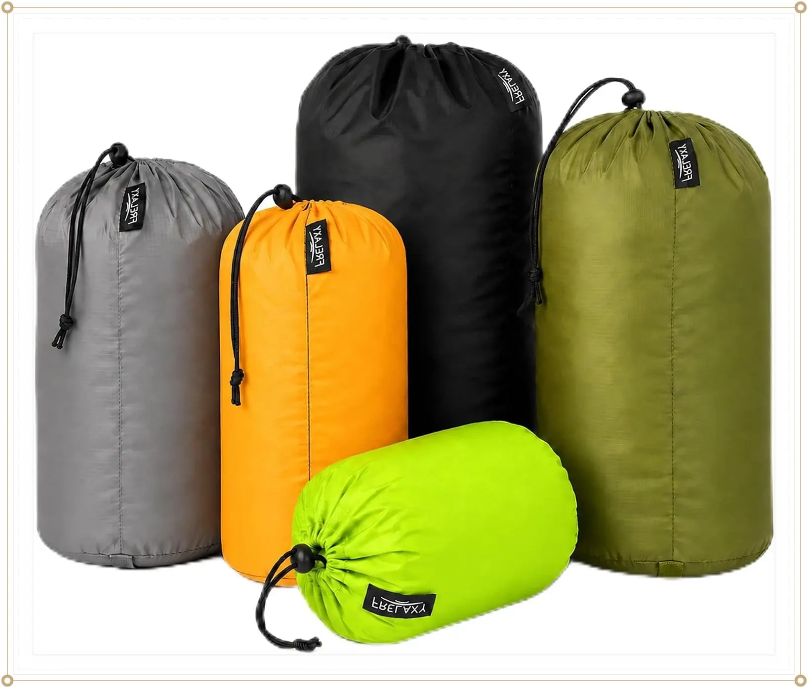 Frelaxy Stuff Sack Set 5-Pack (3L&5L&9L&15L&20L), Ultralight Ditty Bags with Dust Flap for Traveling Hiking Backpacking (Neon Green&Orange&Gray&Army Green&Black)Gift