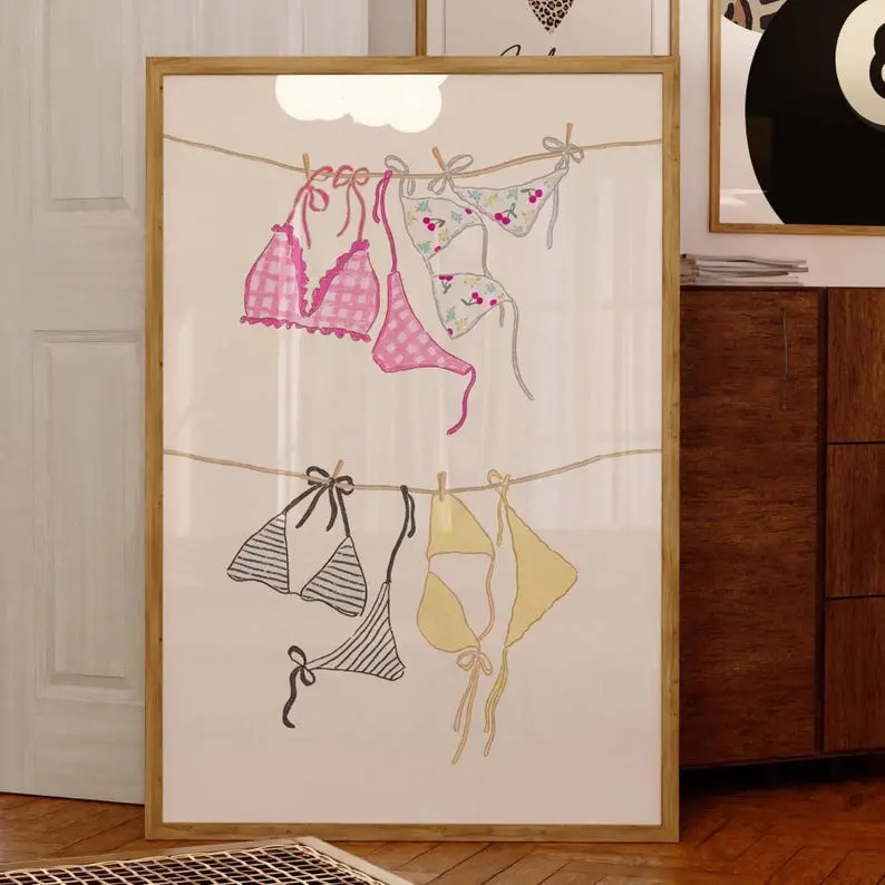 [Sale Off Up To 35%] Pink Bikini On Clothesline Print, College Apartment Decor, Coastal Beachy Dorm Room Posters, Trendy Beach House Wall Art, Girly Aesthetic. No Frame