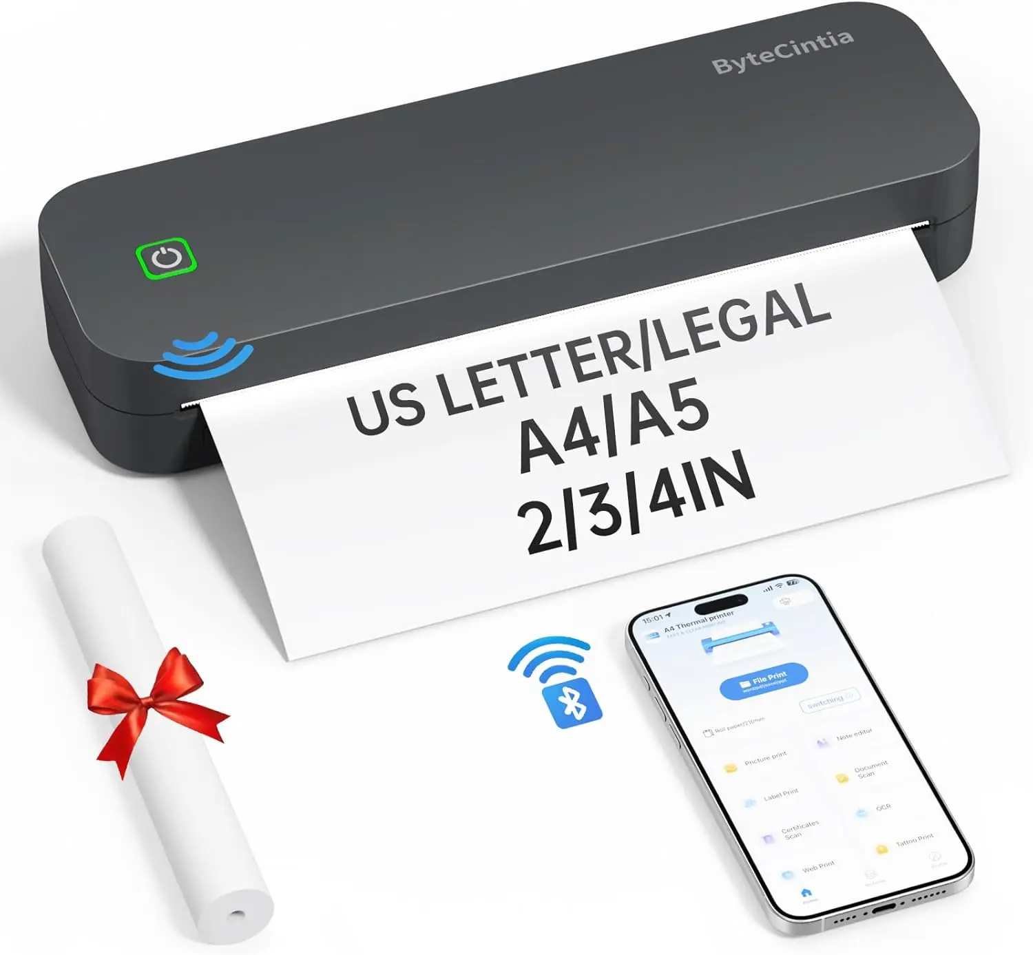 ByteCintia Portable Printer for Travel, Bluetooth Thermal Printer Supports 8.5 x 11 Inch US Letter Size, Compatible with Android and iOS & Laptop Inkless Mobile Printer for Office, Car, School