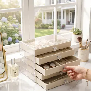 Clear Acrylic Jewelry Organizer, 5 Drawer Jewelry Storage Box with Soft Velvet Lining, Earring Holder Organizer for Studs Rings Necklaces Bracelets, Stackable Vanity Organizer Display Case for Dresser, Makeup Table and Bedroom Decor