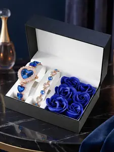 Mother's Day Gift, Luxury Heart Blue Diamond Women's Jewelry Watch Set, Elegant Design, Sparkling Blue Dial, Sapphire Strap, Blue Box Included
