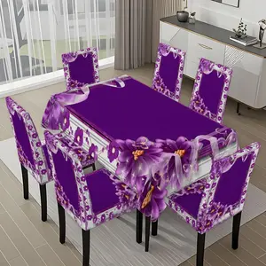 5/7-piece 2D Flat Printing Purple Background with Purple Flowers and Ribbons Printing Pattern Tablecloth and Chair Cover Set, for dining table and chair decoration, perfect for home, holiday gatherings, restaurants, and parties.