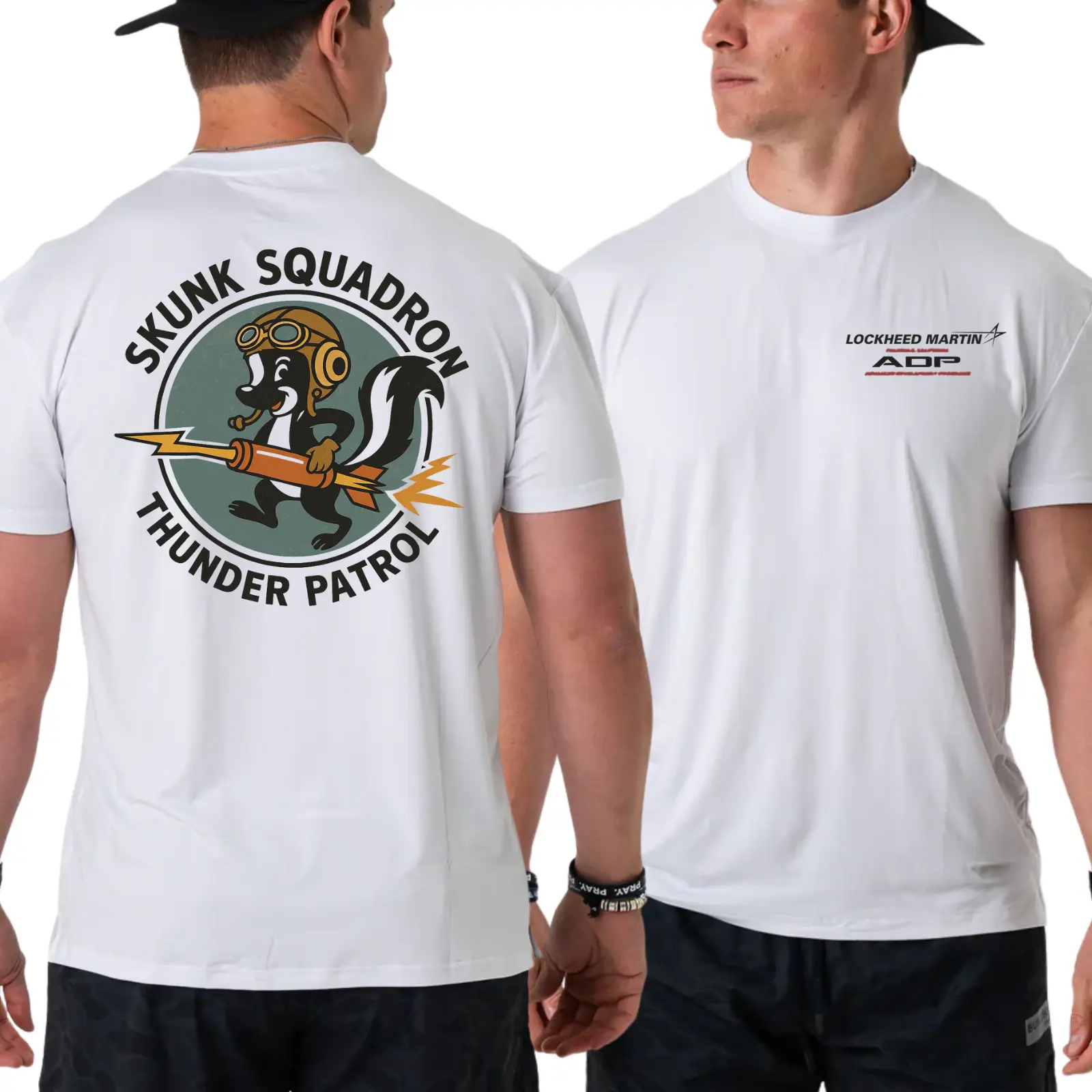 Lockheed Martin Skunk Squadron T-shirt with Thunder Patrol Back Design, 2 Sides Military Graphic Tee, Soft Cotton Blend Shirt for Men & Women, Streetwear, Mens Shirts, Summer Deals