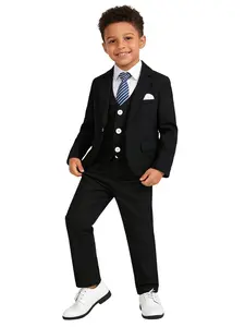 Boys Classic Gentleman 4-Piece Suit Blazer Vest Trousers Striped Tie Single Button Wrinkle Resistant Perfect for Weddings Graduations Stage No Shirt Included--19056