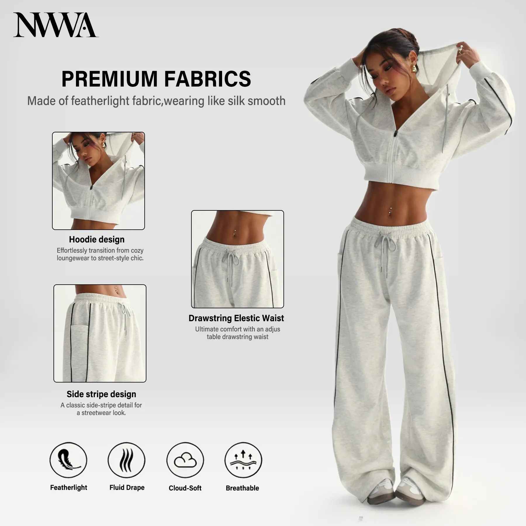 NVWA Woman 2 Piece Set Premium Cloud-Soft Fabric Crop Hoodie and Wide Leg Side Stripe Sweatpants Lightweight Breathable Tracksuit High Waisted Drawstring Lounge Set Sporty Chic Streetwear Outfits Matching Sets for Women Athleisure Sweatsuit tiktokshopback