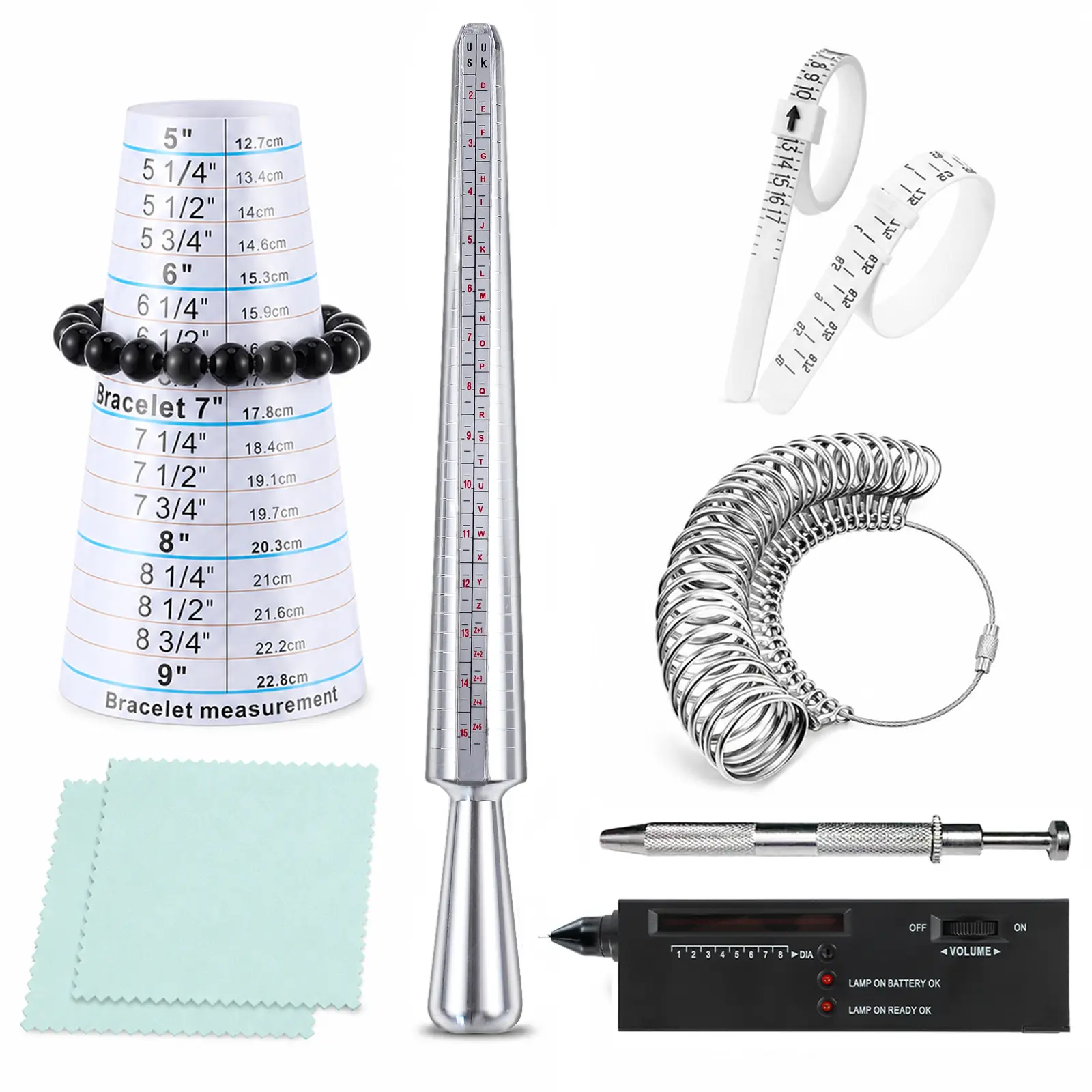 Jewelry Making Care & Measuring Tool Kit - Ring Sizer Mandrel, Bracelet Sizer, Ring Gauges, Diamond Tester, Polishing Cloths for DIY Beading Projects