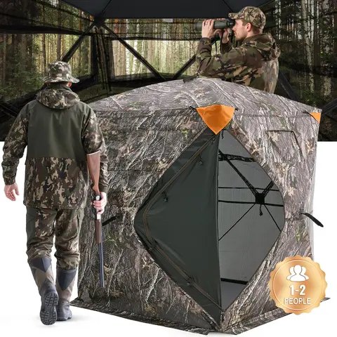 VEVOR Fiberglass Hunting Shelter Hunt Gear, 270° Wide View 1-2 Person Pop Up Blind, 150D Rain-proof Diamond-Pattern Fabric, Silent Setup, 1-Way Mesh, Detachable Parts, Automatic Closure, 55x55x67 in Carry Bag for Deer Hunting