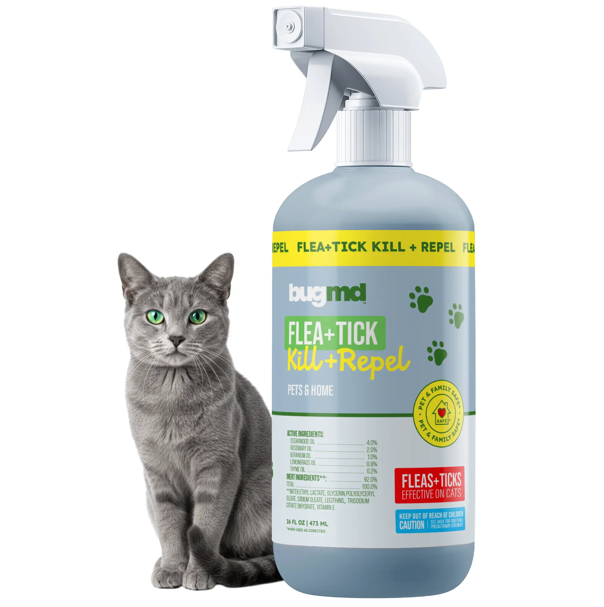 BugMD Flea & Tick Spray for Cats & Home – Plant-Based Formula with Cedarwood Oil – Indoor/Outdoor Use – 16 oz