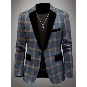 Casual Chic | Men's Stylish Casual Plaid Blazer - Light Blue and Beige, Polyester, Long Sleeve with Pockets, Machine Washable, Ideal for Spring/Fall, Autumn Jacket | Slim Fit Blazer | Structured Blazer Fit