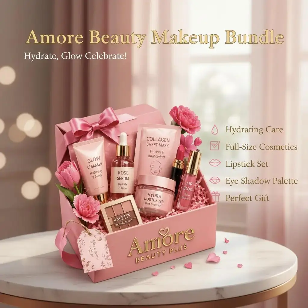 Amore Beauty 7-Piece Full-Size Makeup Gift Kit Multi-Pack with Lipstick Set, Eyeshadow & Mascara, Hydrating Cosmetics for All Skin Types, Cosmetic Set, Adults, Full-Size Cosmetics