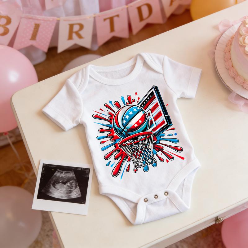 Soft Baby Bodysuit American Flag Basketball Graphic 100% Pure Cotton Non-Irritating Snap Closure Breathable Stretchy Great For Sleep & Play