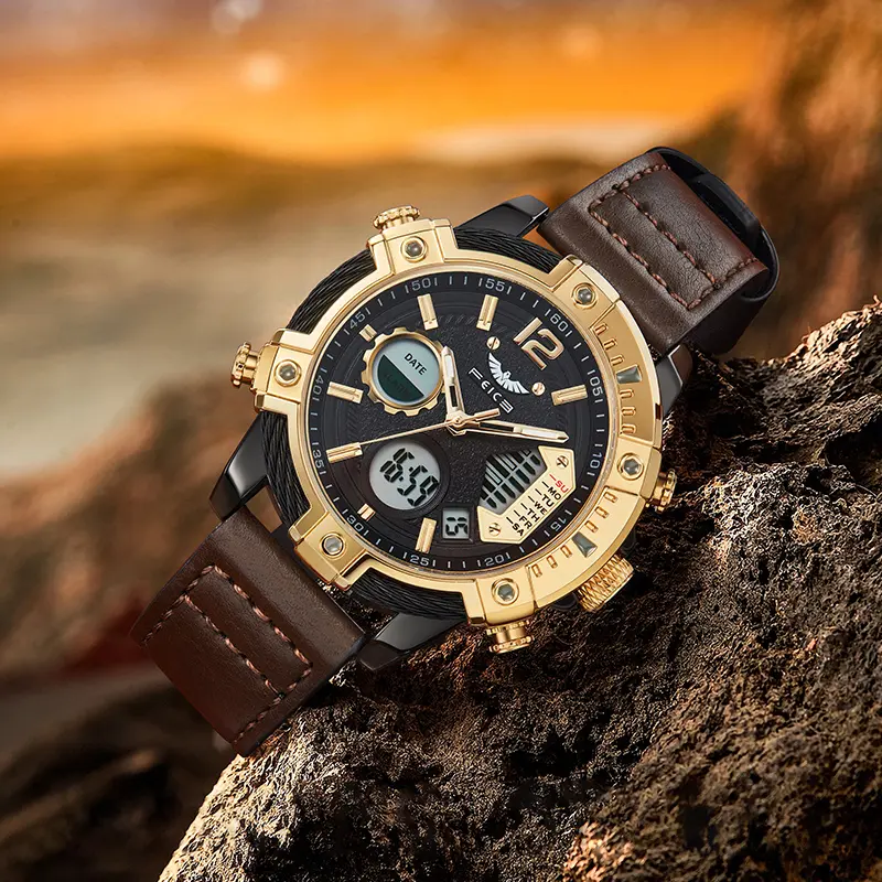 FEICE Men's Quartz Wristwatch - FK038-Black Chronograph Leather Strap Watch, 48mm Round Face Analog-Digital Display, Luxury Gold-Black Finish, 3ATM Waterproof, Luminous Hands, Alarm Clock, 12/24 Hour Display, Calendar, Dual Movement, Multiple Time Zones,,