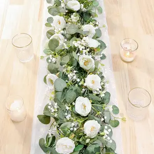 13Ft Artificial Eucalyptus Flower Garland with White Roses, Artificial Hanging Flowers, Fake Rose Flower Greenery Garland Floral Vines for Wedding Home Party Table Runner Decor