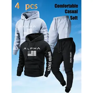 Men's 2-Piece Hoodie Jogger Set - "ALPHA" & USA Flag Print, "UNITED STATES" Letter, Casual Soft Tracksuit