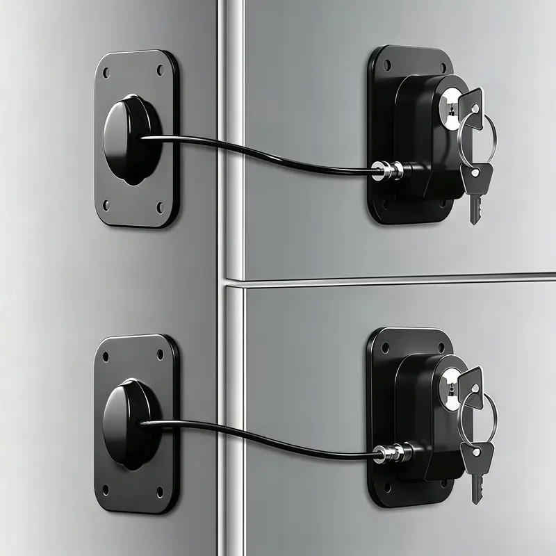 LMMAKE 1PC/2PCS Refrigerator & Fridge Lock, Silicone Wire Protection, ABS Plastic Chain Link Design, Easy-Install Keyed Cabinet Lock, Black, Flexible Mounting