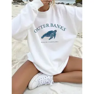 Women's Casual Loose-Fit Turtle Letter Print Sweatshirt, Thick Kint Fabric, All-Season Home Wear, Comfortable Ladies' Top